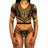 Personality Retro Ethnic Multicolor Totem Print Middle Sleeve Hollow Bandage Triangle Bikini Set Swimsuit Swimwear