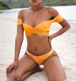 Sexy Women Summer Pure Yellow Off Yellow Strapless Two Piece Bikini Swimsuit Swimwear