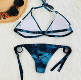 Hot Sale Women Halter Stylish Blue Fish Scales Print Bottom Side Knot Backless Two Piece Bikini Swimwear Swimsuit