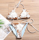 Sexy Beach Women Halter White Lace Flower Bottom Side Knoy Backless Two Piece Bikini Swimwear Bathing