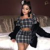 Women Fashion Multicolor Tartan Short Sleeve Square Neck Crop Tops Tight Package hip Skirt Casual Set Two-Piece
