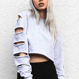 Fashion Casual Irregular Ripped Hollow Long Sleeve Round Neck Sweater Crop Top