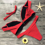 Sexy pure red strapless cute two piece bikini lotus off shoulder swimsuit