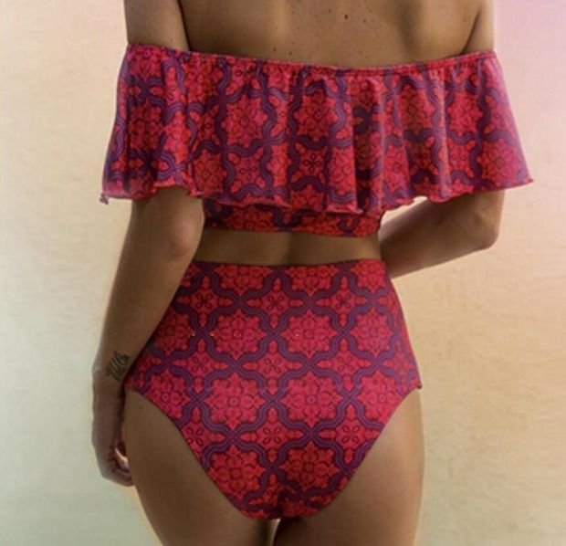 Fashion falbala print a word shoulder high waist two piece bikini swimsuit