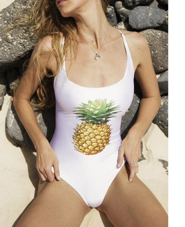 Fashion and fashion show back pure color pineapple print swimsuit sexy bikini