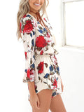 V-neck Red Flowers Printed Long Sleeve Chiffon Rompers