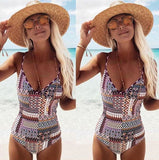 New Stylish Women Retro Irregular Print Bandage Backless One Piece Bikini Swimwear Bathing